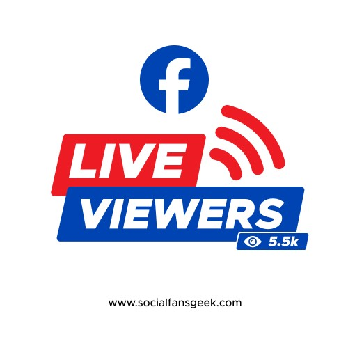 Promotional banner showcasing the service for increasing live viewers on Facebook, with a Facebook logo and a 'LIVE Viewers' icon indicating a count of 5.5k viewers, offered by SocialFansGeek.com.